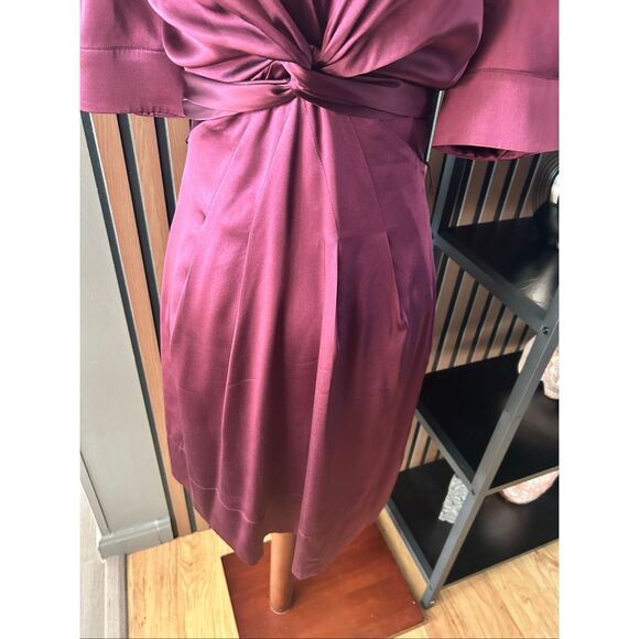 BCBGMaxAzria Silk Dress A-Line Burgundy Merlot Size 2 Wrap Tie Waist Bow Lined - Picture 2 of 6